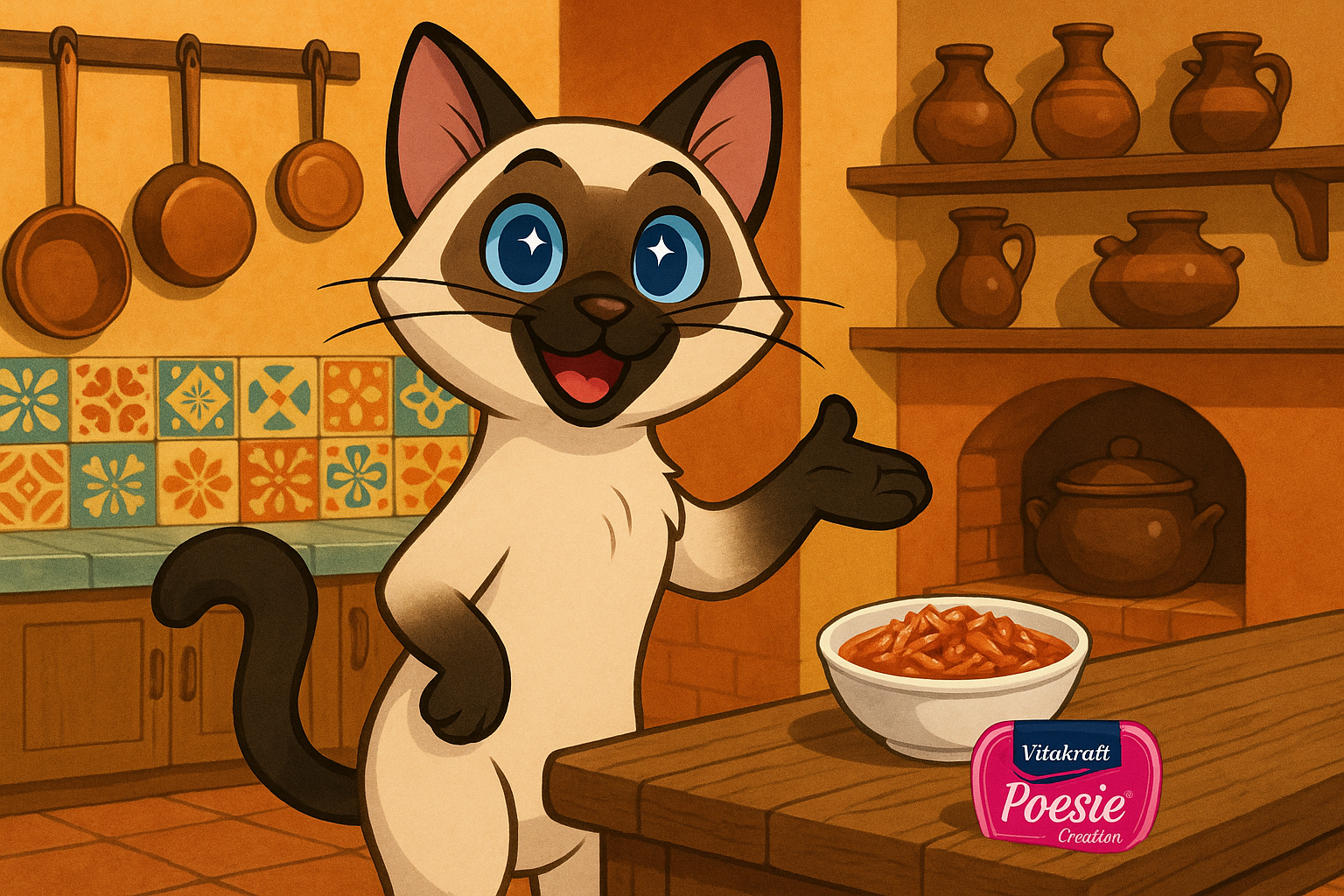 un gato siames caricaturizado, en una cocina estilo chilena, muy contento y amablemente invitando a comer Vitakraft poesie creation.