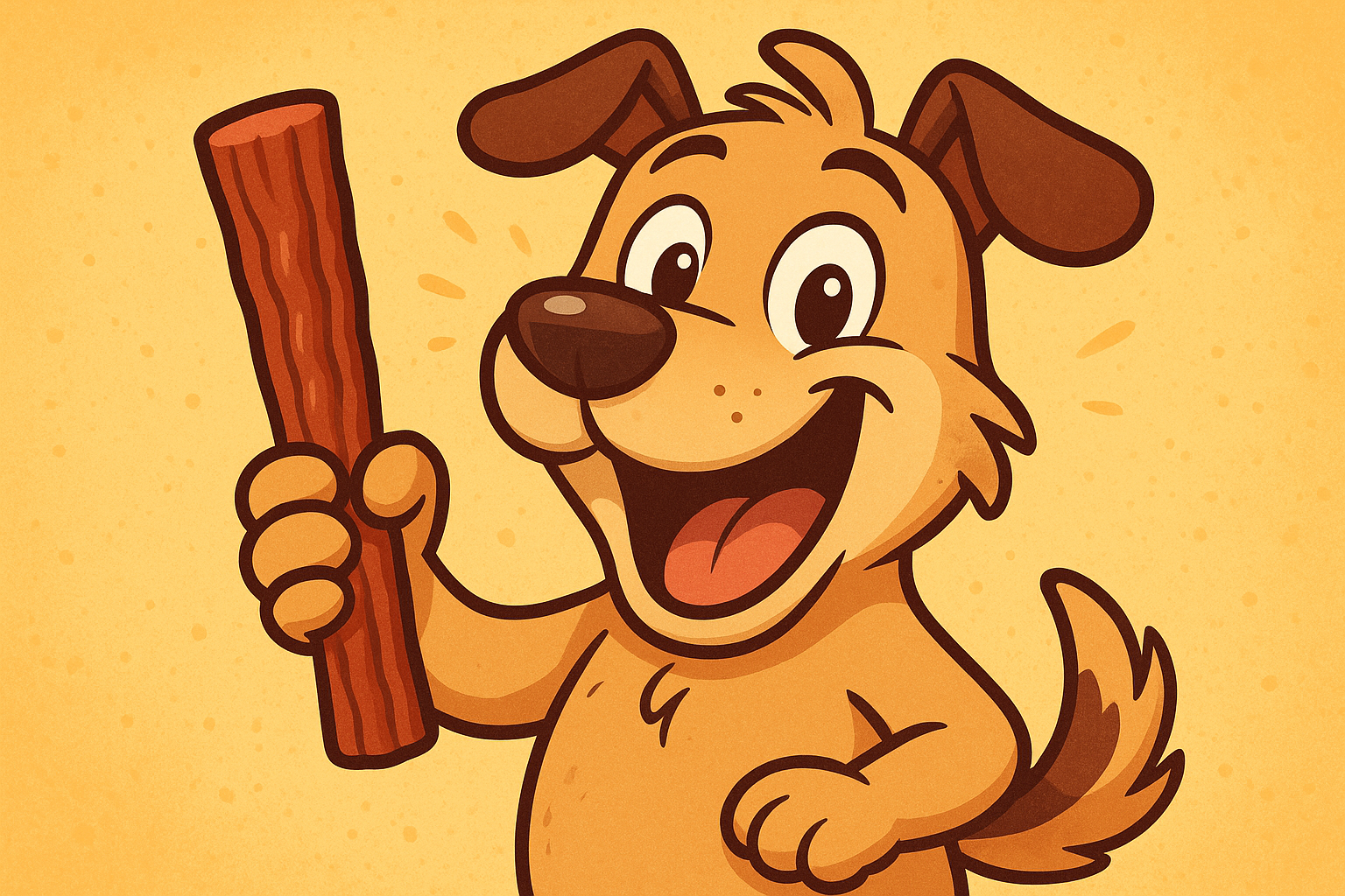 un perro caricaturizado sosteniendo en una de sus manos un beef stick sabor carne, mostrandolo a la camara contento, con muchas ganas de comer