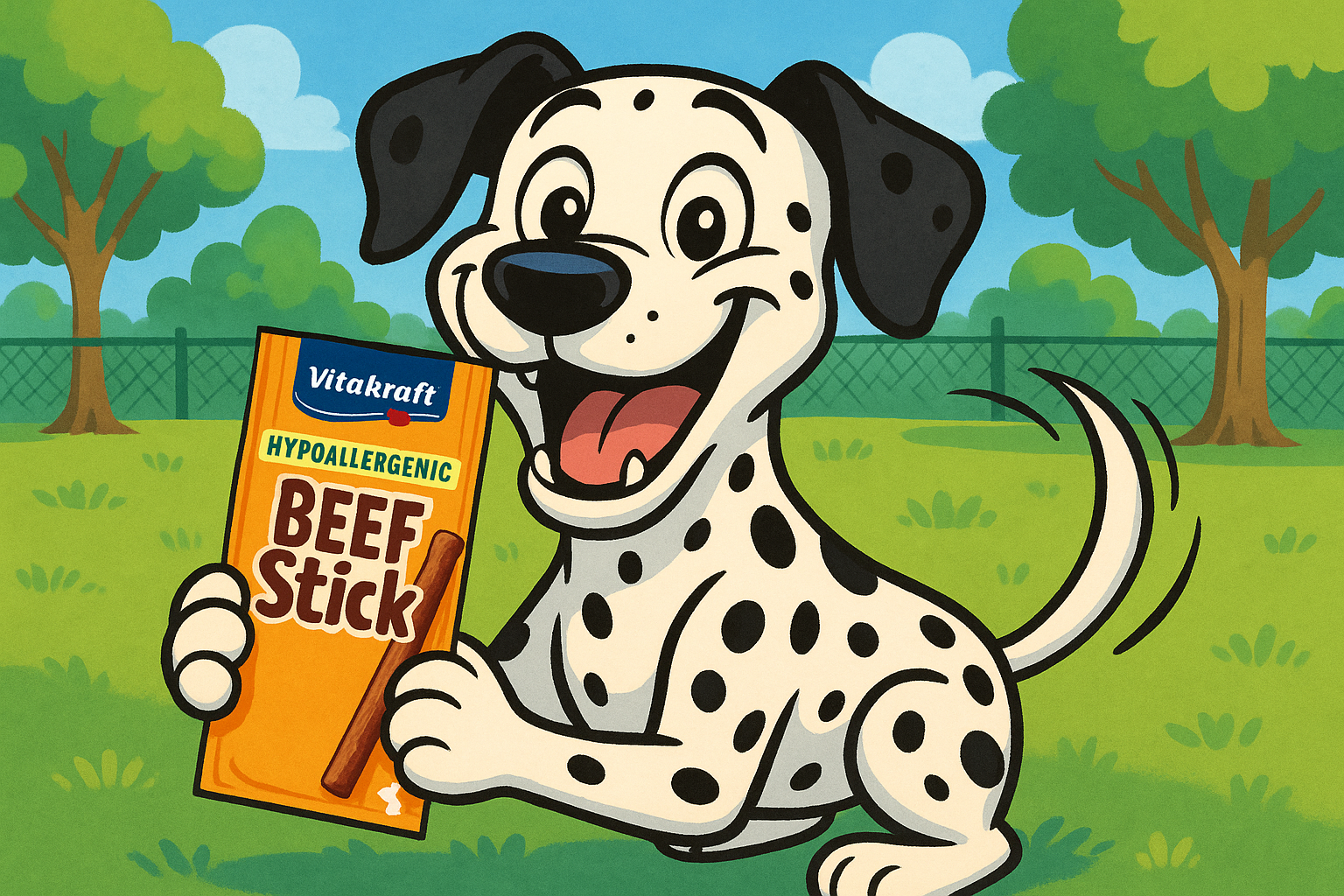 un perro dalmata caricaturizado en un parque para perros, sosteniendo una vitakraft beef stick hipoalergenico, muy feliz y muy contento, con muchas ganas de comer el premio
