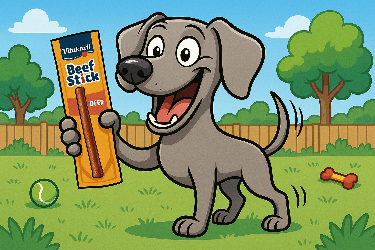un perro weimaraner caricaturizado en un parque para perros, sosteniendo en una mano una vitakraft beef stick ciervo, muy feliz y muy contento, con muchas ganas de comer el premio